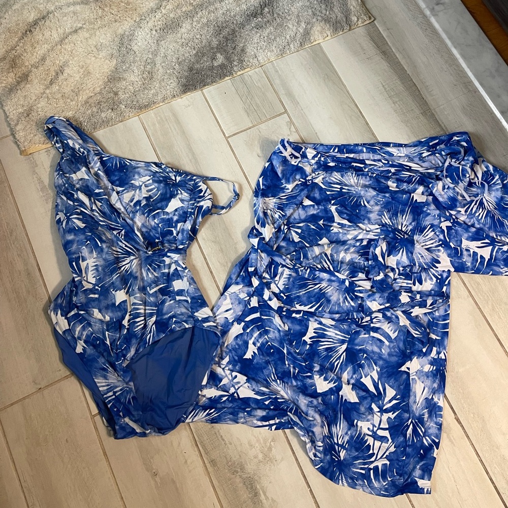 Trina Turk blue one piece swimsuit with matching cover up